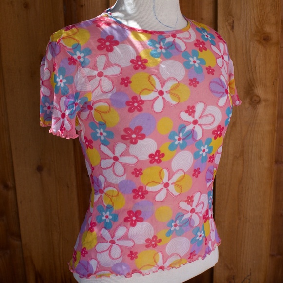 Vintage 90's Sheila Moon Mesh Short Sleeve Flower Power Cycling Top Made In USA - Picture 1 of 14